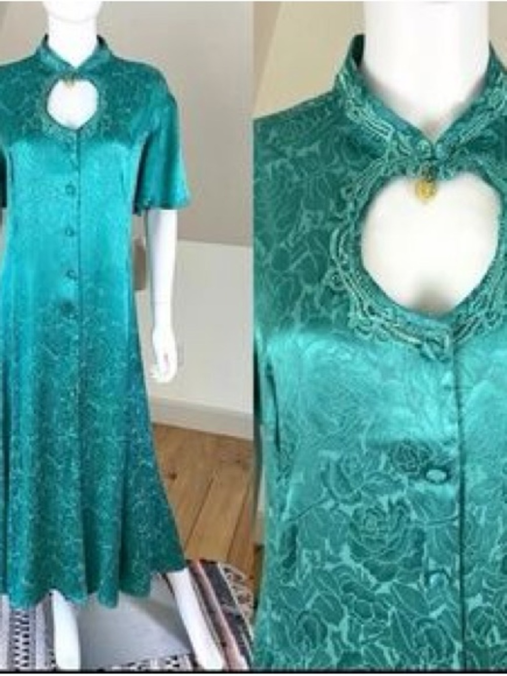 NWT Deadstock Vintage New Frontier Teal Floral Satin Western Style Maxi Dress